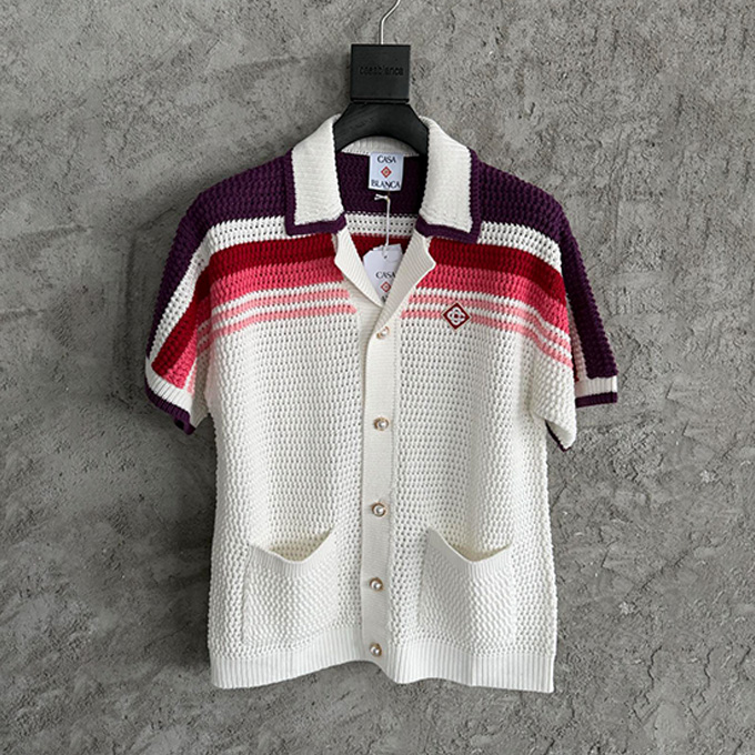 casablanca gradient stripe crochet knit camp collar short sleeve shirt